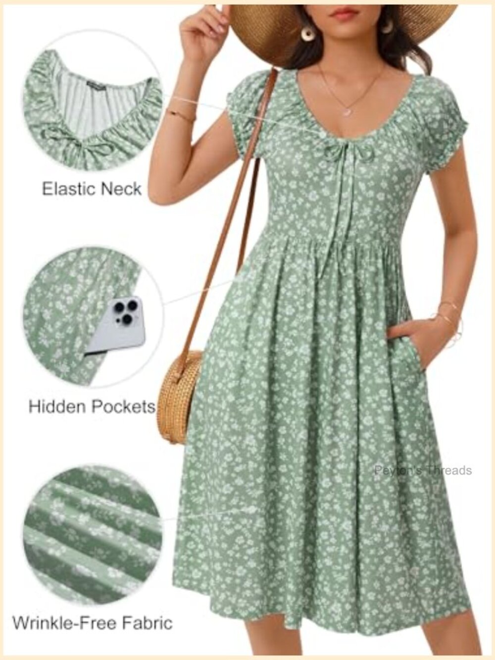 Floral V Neck Puff Cap Sleeve Sundress Midi Dress with Pockets - Picture 4 of 7